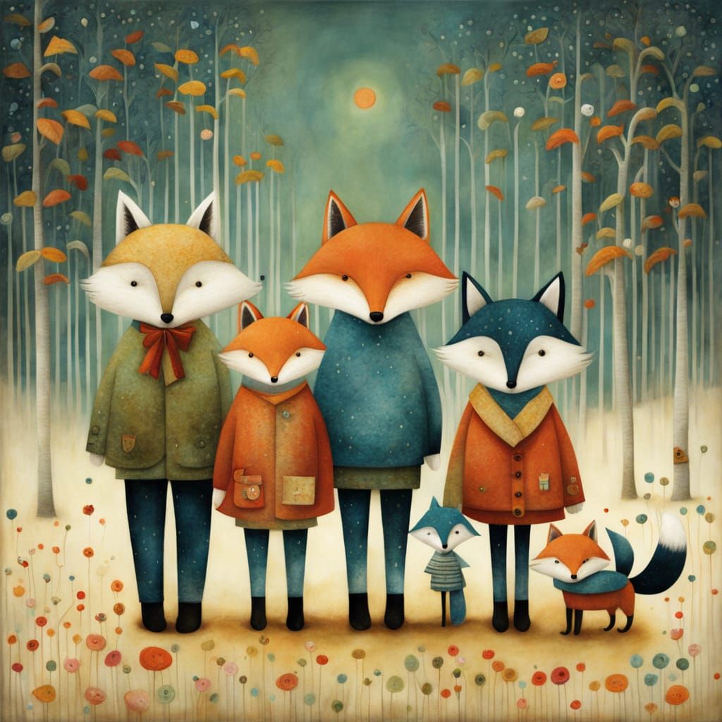 Whimsical Fox Family Folk Art Illustration