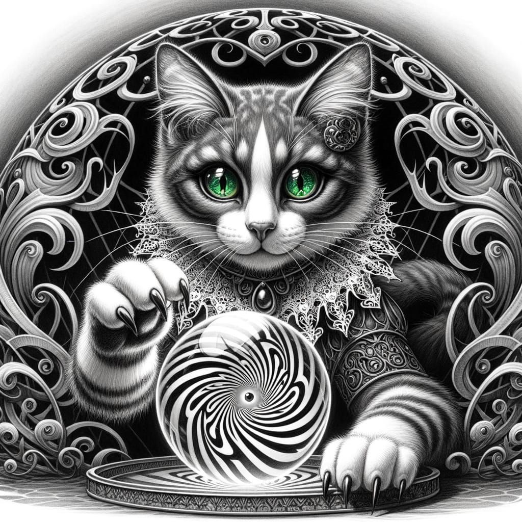 Anthropomorphic Cat in Haitian-Inspired Pencil Sketch with O...