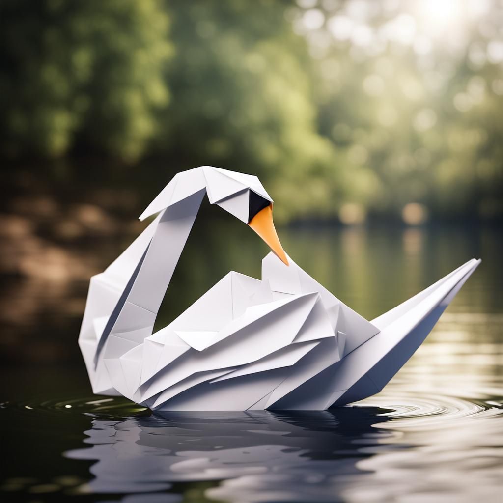 Origami Swan on River in Papercraft Style