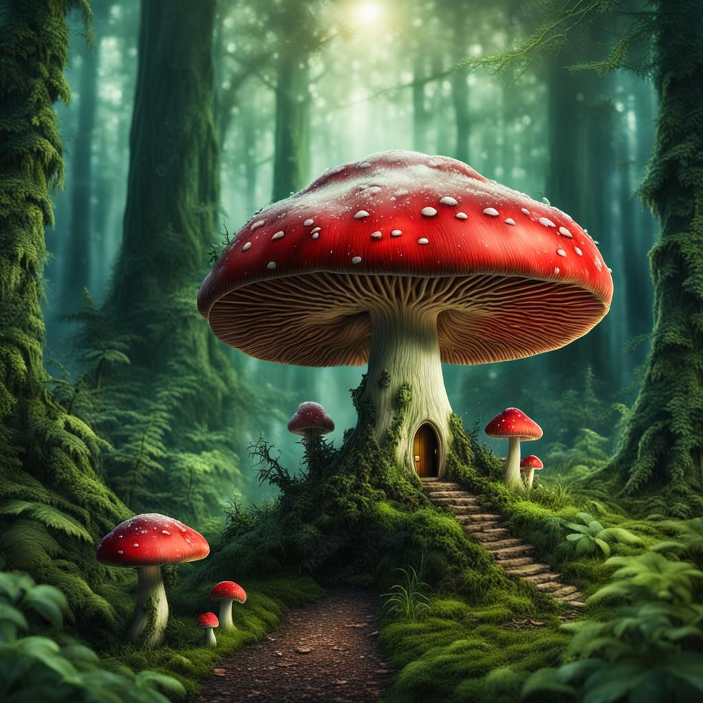 Fairy Sheltered Under a Red Mushroom in Forest