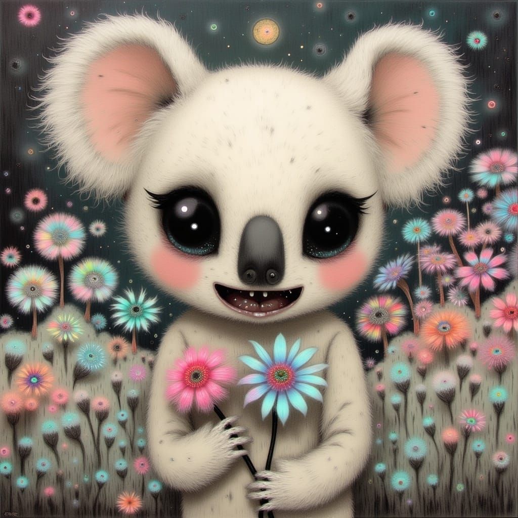 Creepy Cute Koala in Vibrant Fantastical Garden