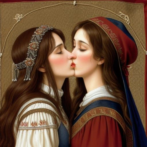 Medieval Embroidery Style: Two Women Sharing a Tender Kiss