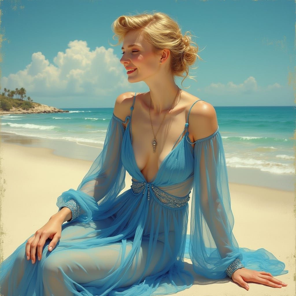 Blonde Woman on Beach in Art Nouveau Style