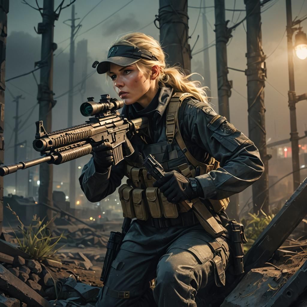 Night Ops: Blonde Sniper in Tactical Warfare Art
