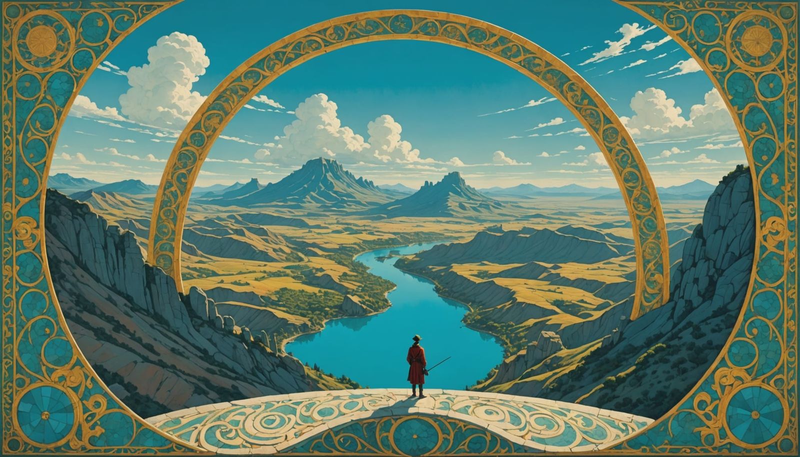 Figure Gazes at Surreal Hills with Ornate Arches