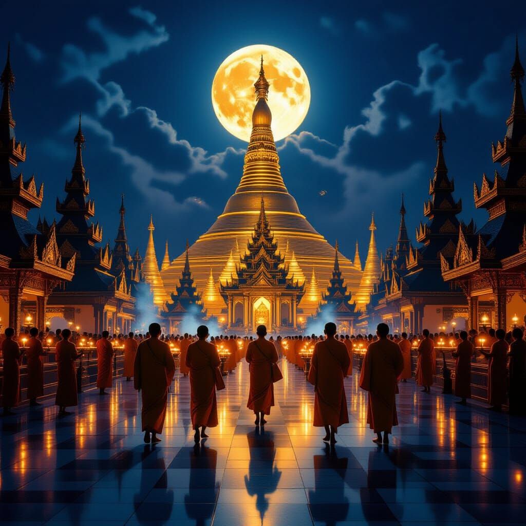 Shwedagon Pagoda Illuminated by Full Moon