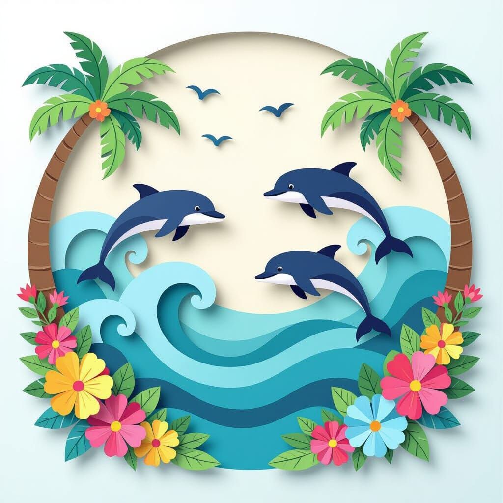 Paper-Cut Ocean Scene with Dolphins and Palm Trees