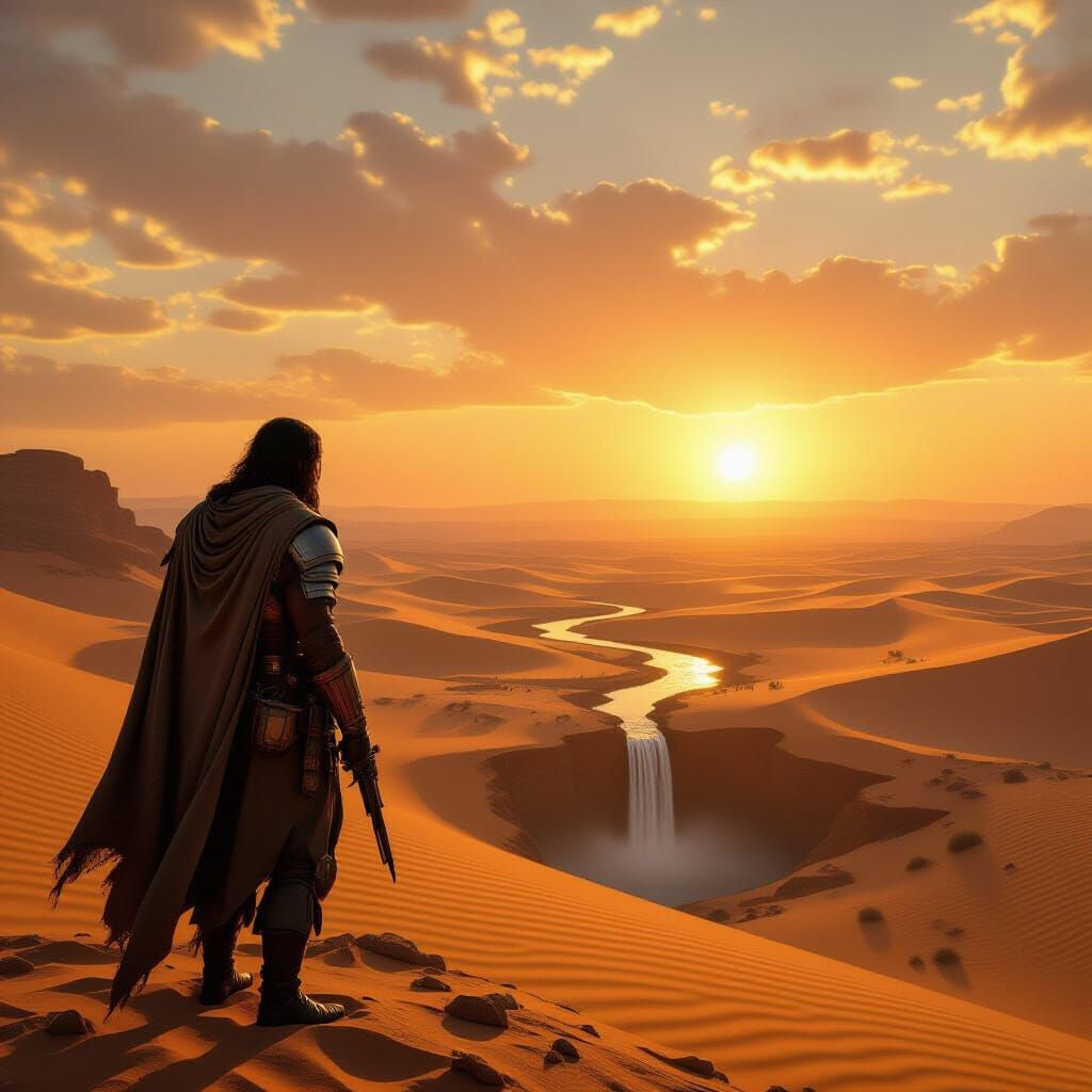 Weary Soldier in Vast Desert at Sunset