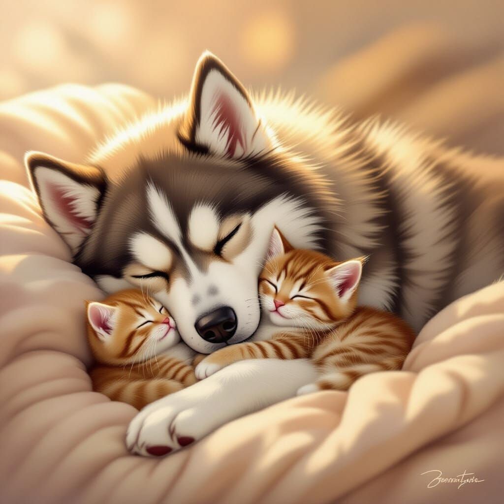 Fluffy Husky and Kitten Sleeping Together in Painterly Style