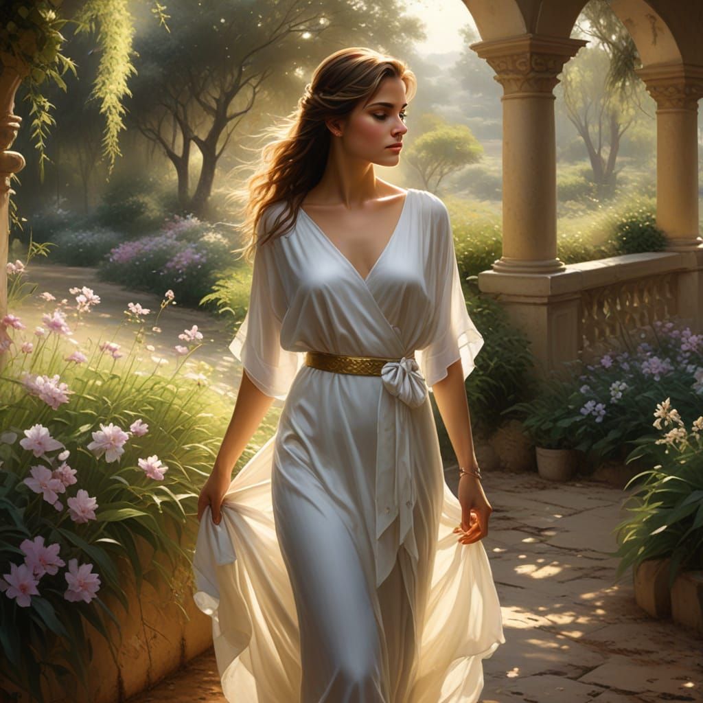 Elegant Woman in Golden Light, Oil Painting in Vicente Romer...