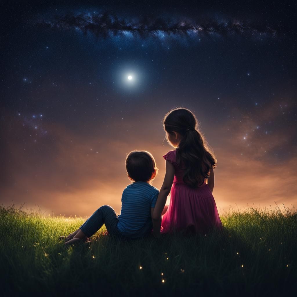 Girl and Father Stargazing Under Deep Night Sky
