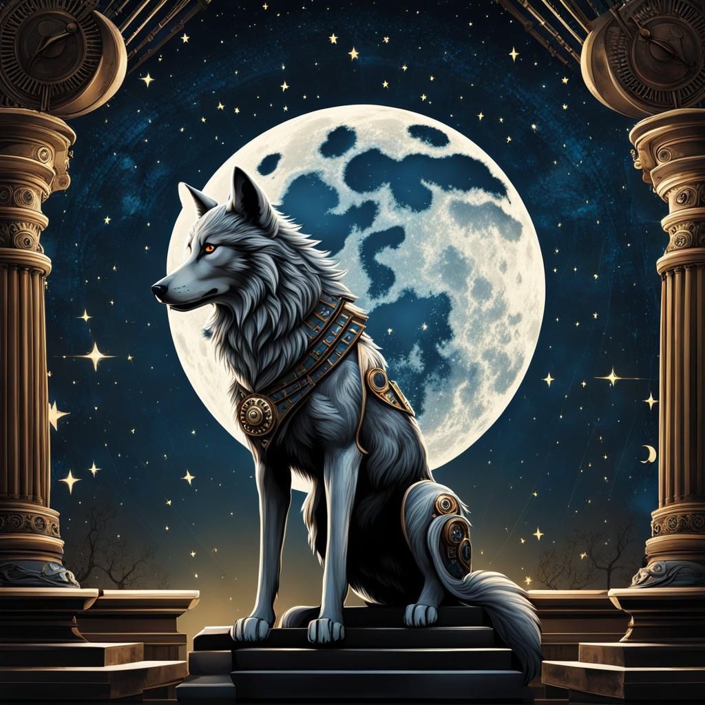 Steampunk Wolf Under Starry Roman Sky