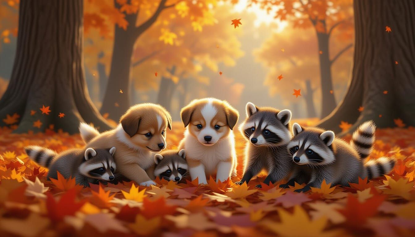 Cute Puppies and Raccoon Babies Play in Vibrant Autumn Leave...