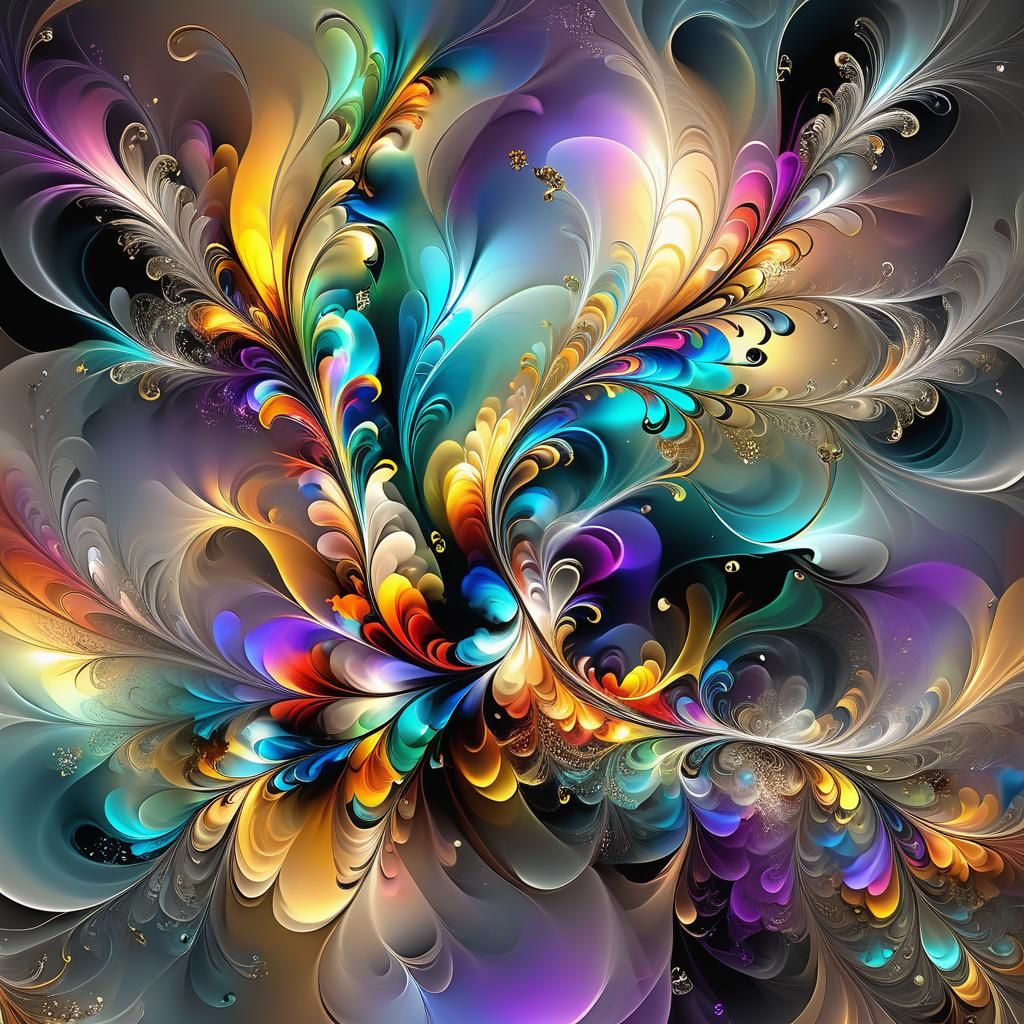 Vibrant Fractal Art with Smoke and Music Notations