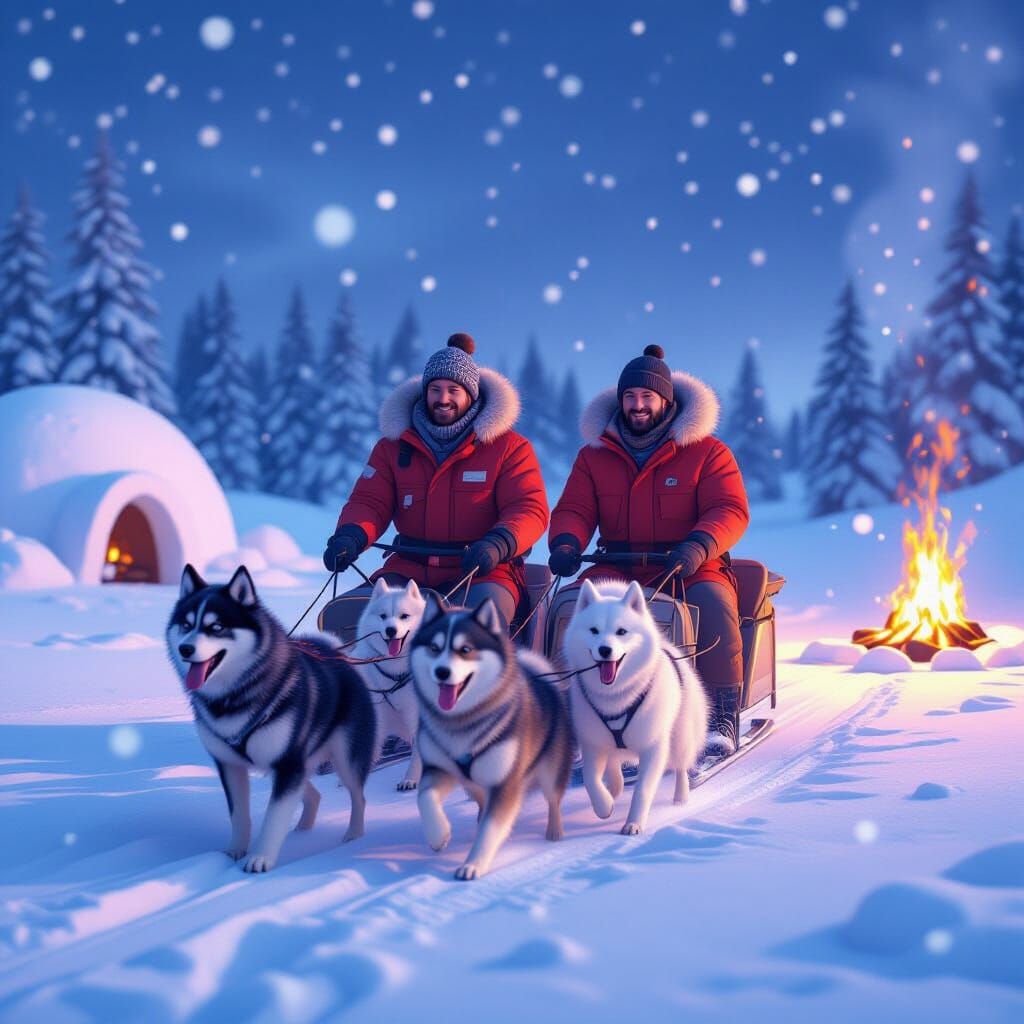 Dog Sled Race in Arctic Snowscape, Pixar Style