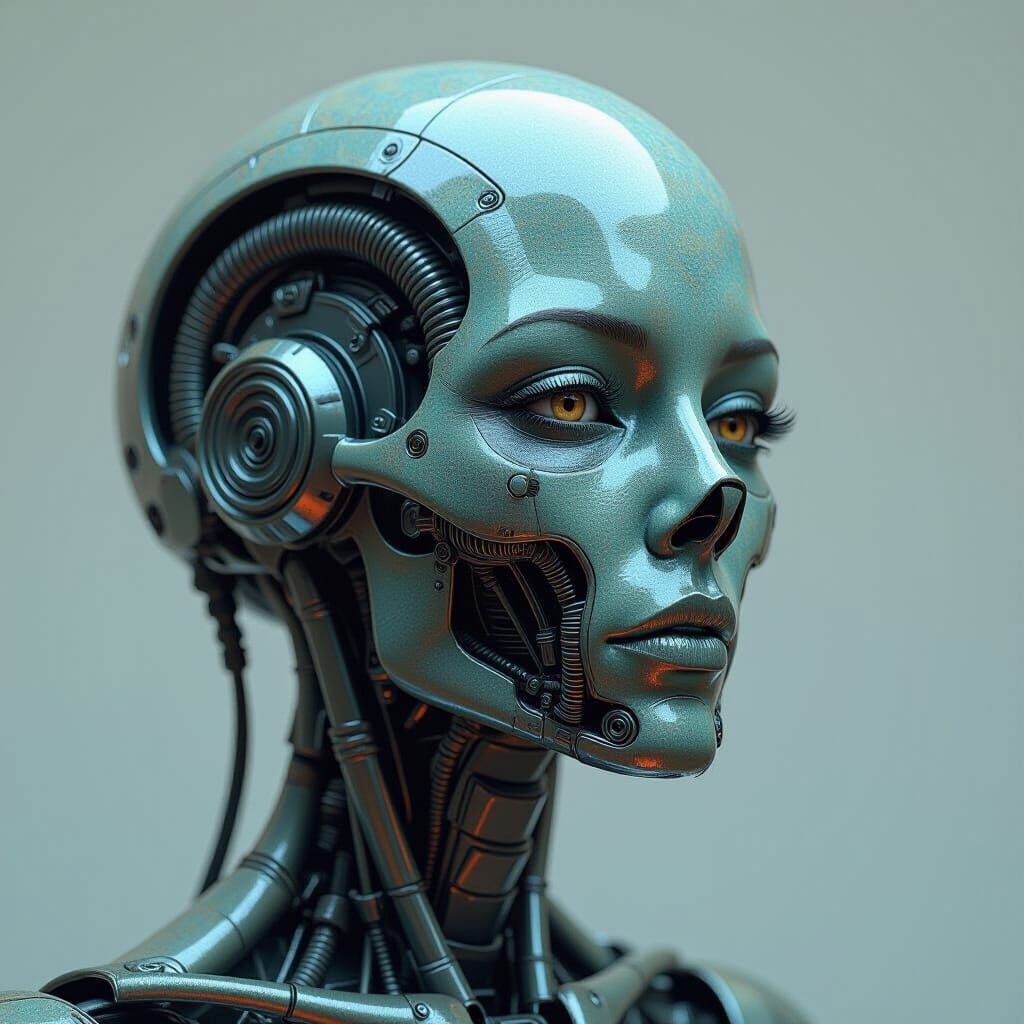 Iridescent Alien Cyborg Head, Hyperrealistic Portrait