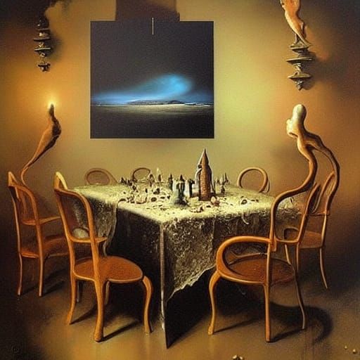 Ghost Dinner Party in Surrealist Melting Oil Style