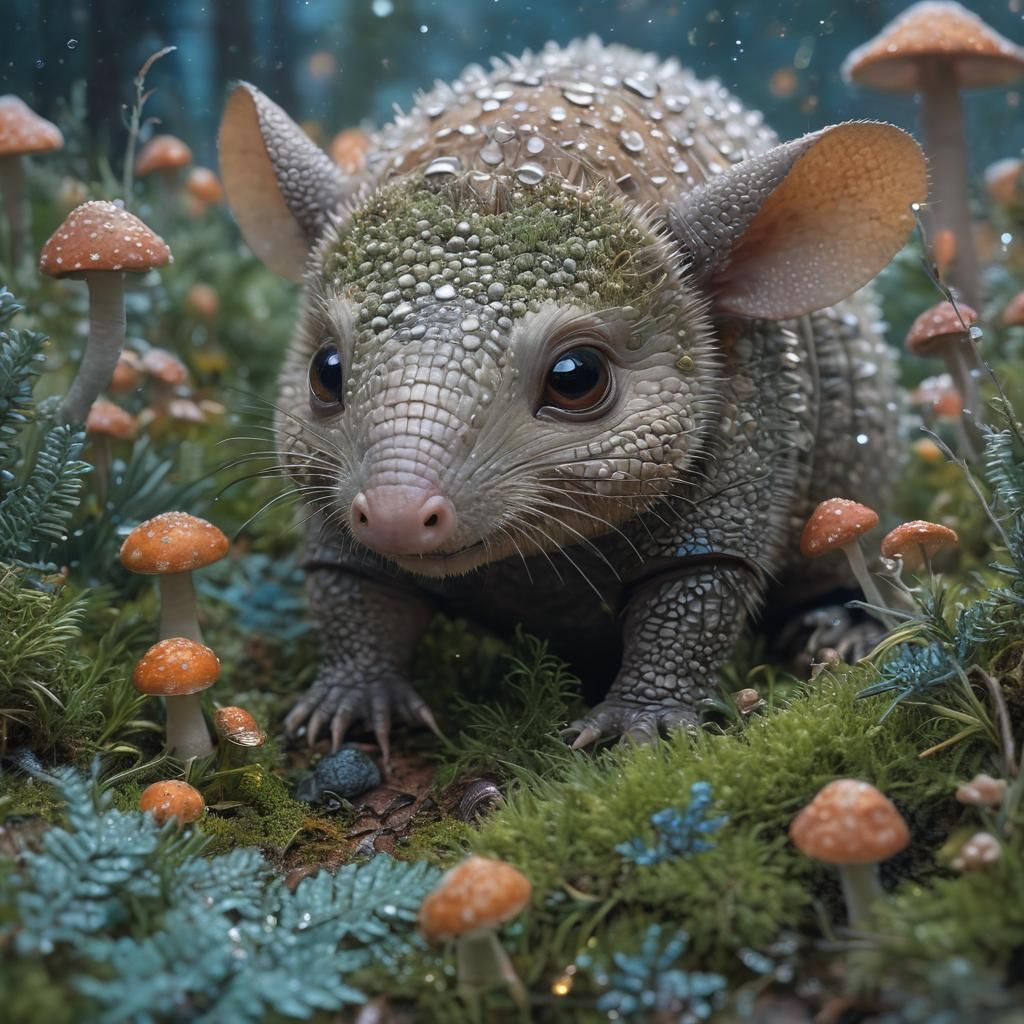 Whimsical Armadillo with Glowing Mushrooms in Soft Pastel Hu...