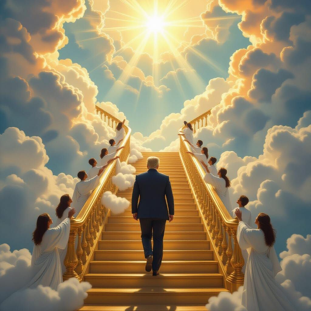 Donald Trump Ascends Heavenly Staircase in Digital Painting