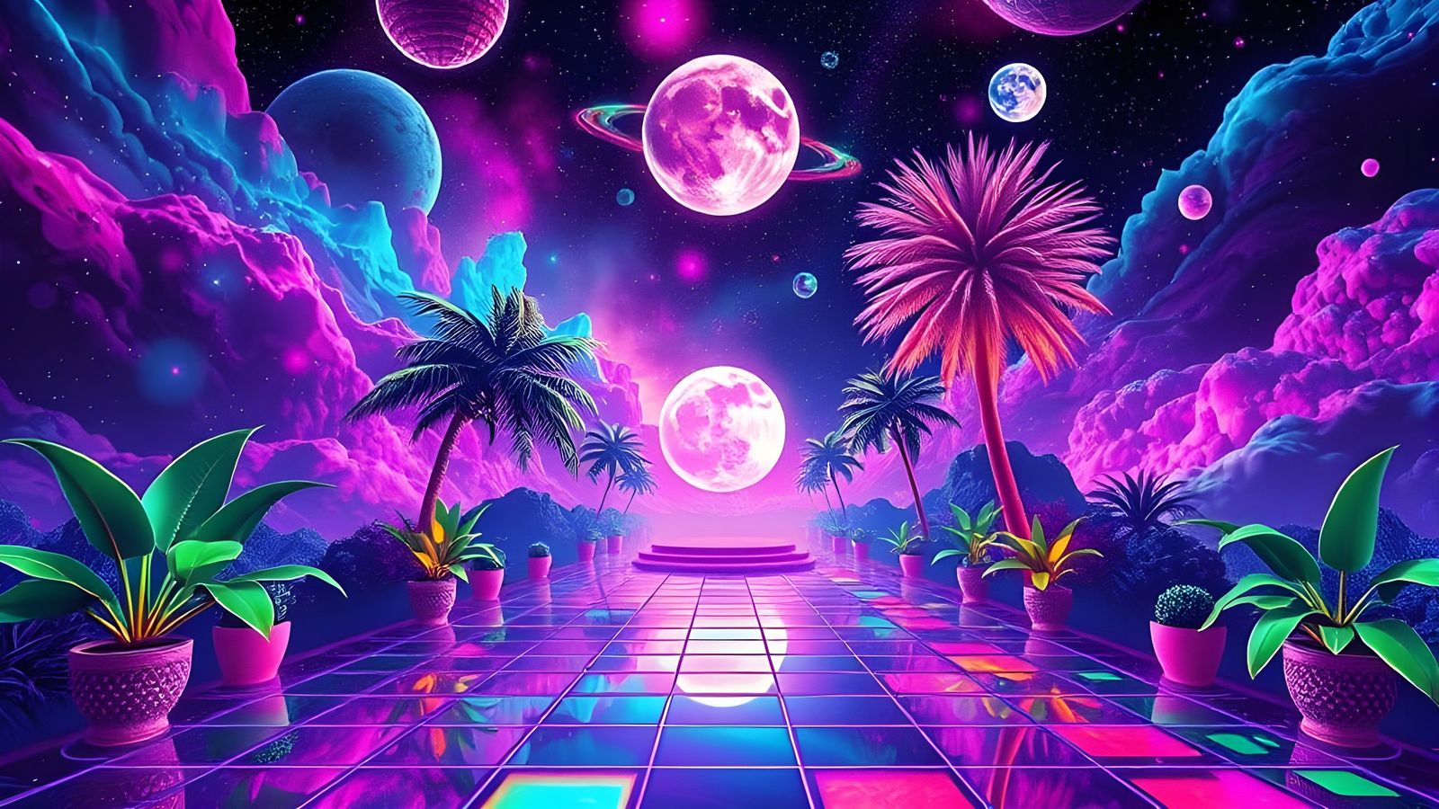 Surreal Cosmic Disco Dance Floor in Vibrant Neon