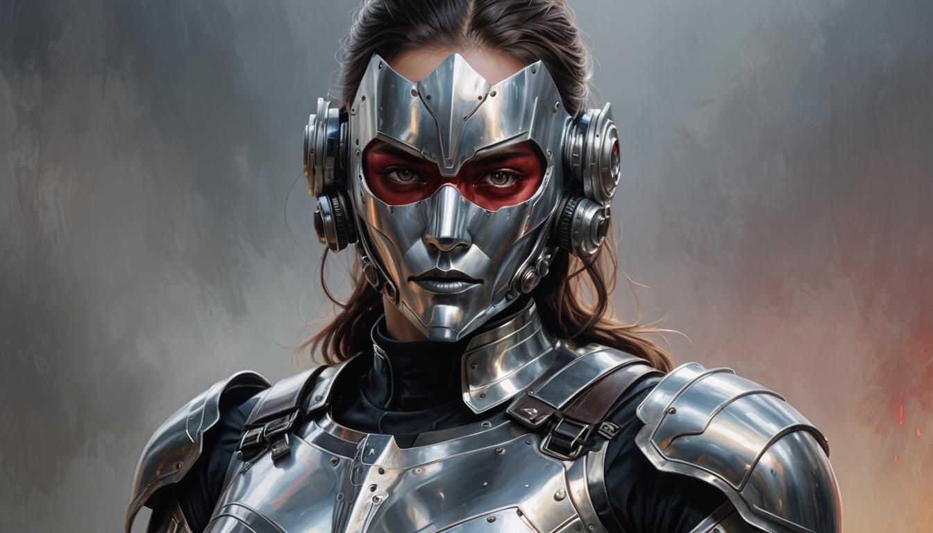 Sci-Fi Portrait of Silver-Haired Woman in Armor