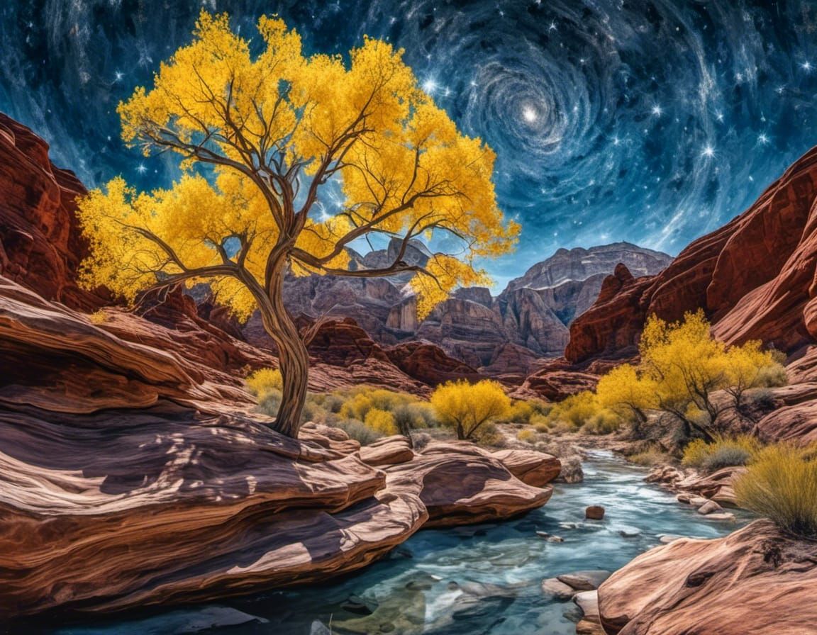 Starlit Canyon with Yellow Cottonwood Tree