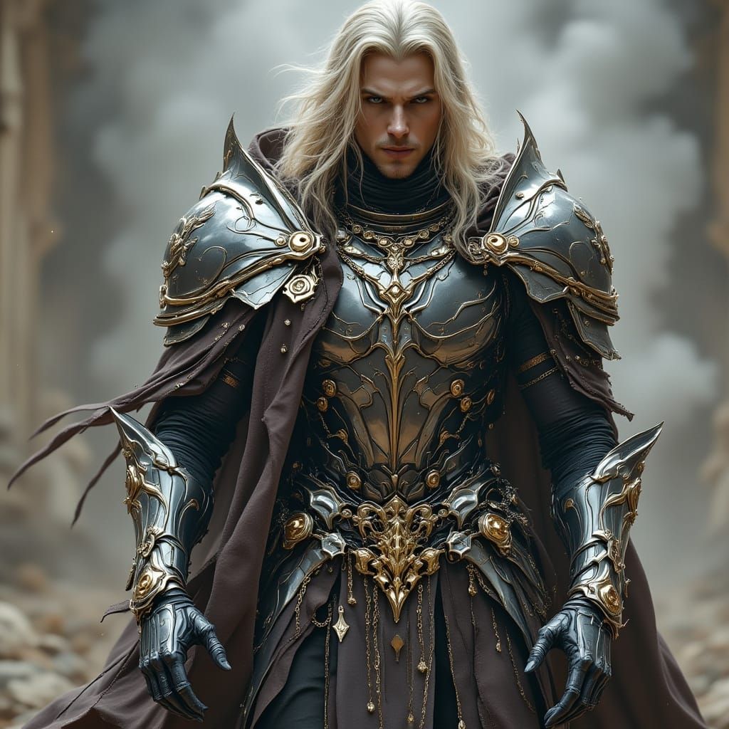 Armored Knight with Golden Accents, Retro-Futuristic Style