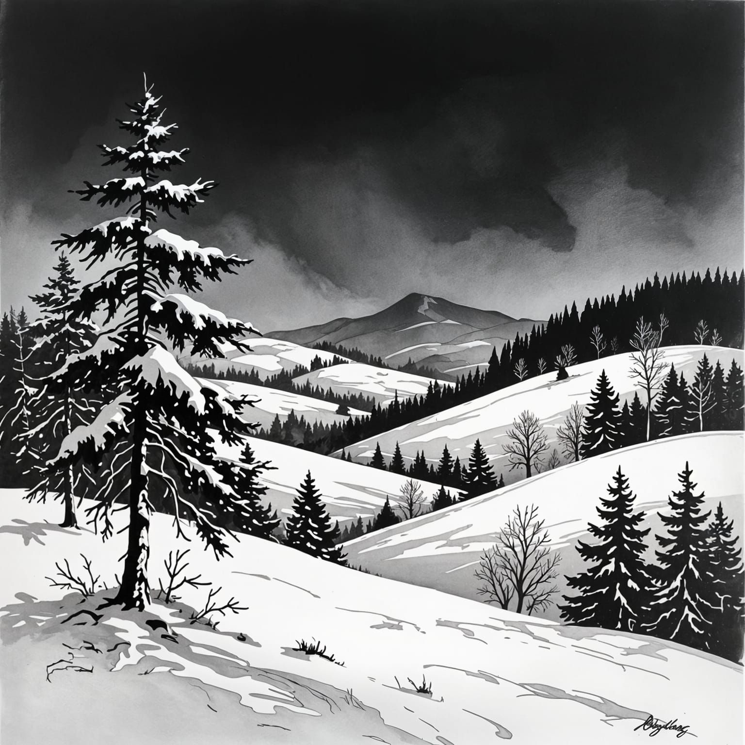 Dramatic Black And White Ink Drawing Of A Winter Landscape