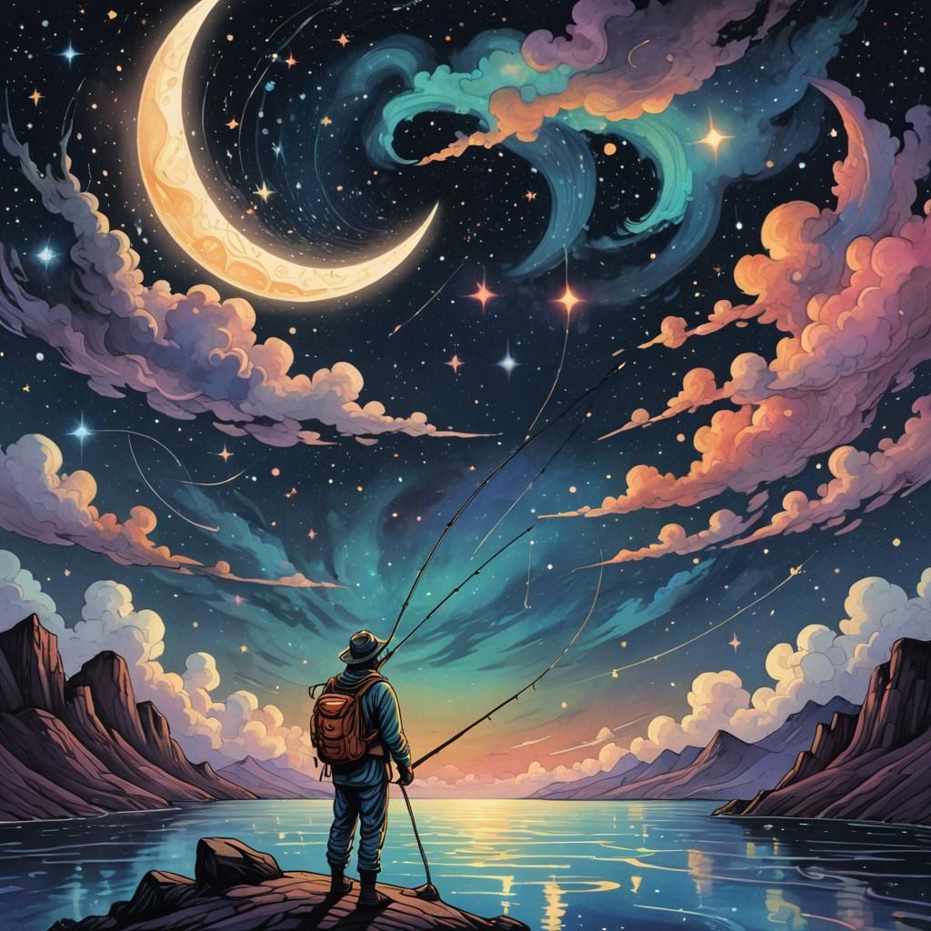 Cosmic Fisherman Fishing for Stars in Surreal Style