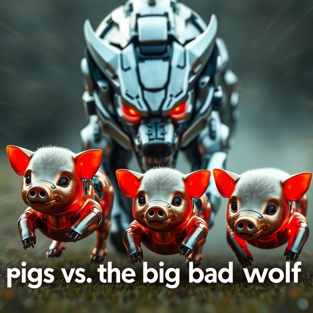 Cybernetic Wolf Chasing Pig Robots on Farm