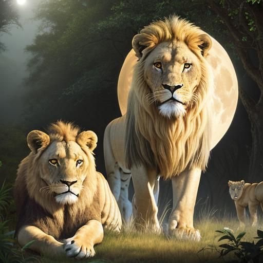 Lioness Hunting with Cubs in Jungle Moonlight