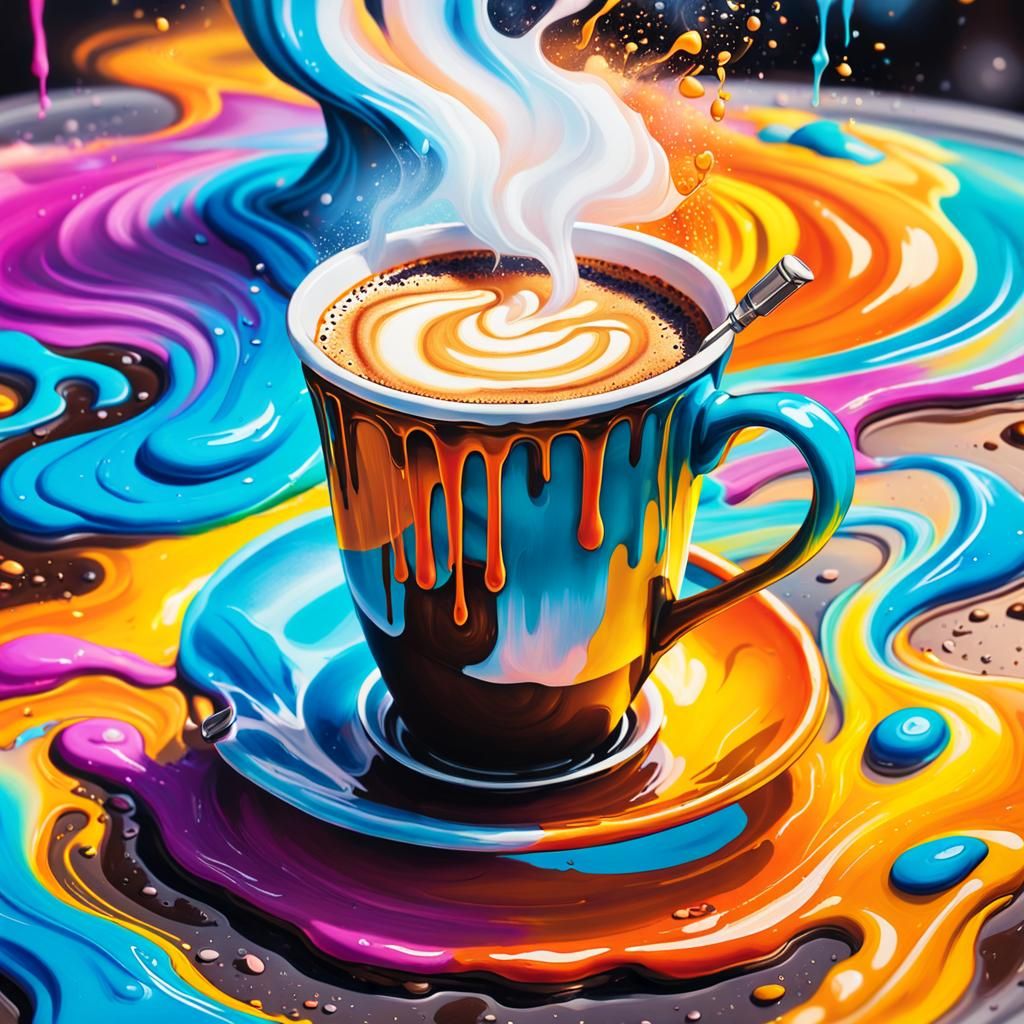 Vibrant Street Art: Steaming Coffee Cup in Abstract Expressi...