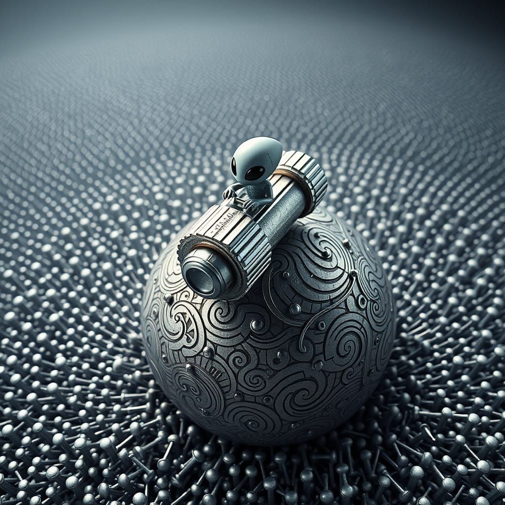 Surreal One-Eyed Alien Soars Above Intricate Metallic Planet