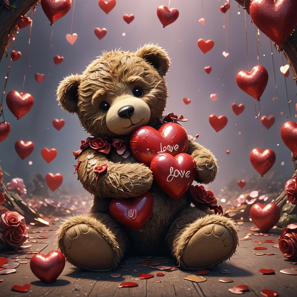 Teddy Bear Hugging Heart with Loving Message