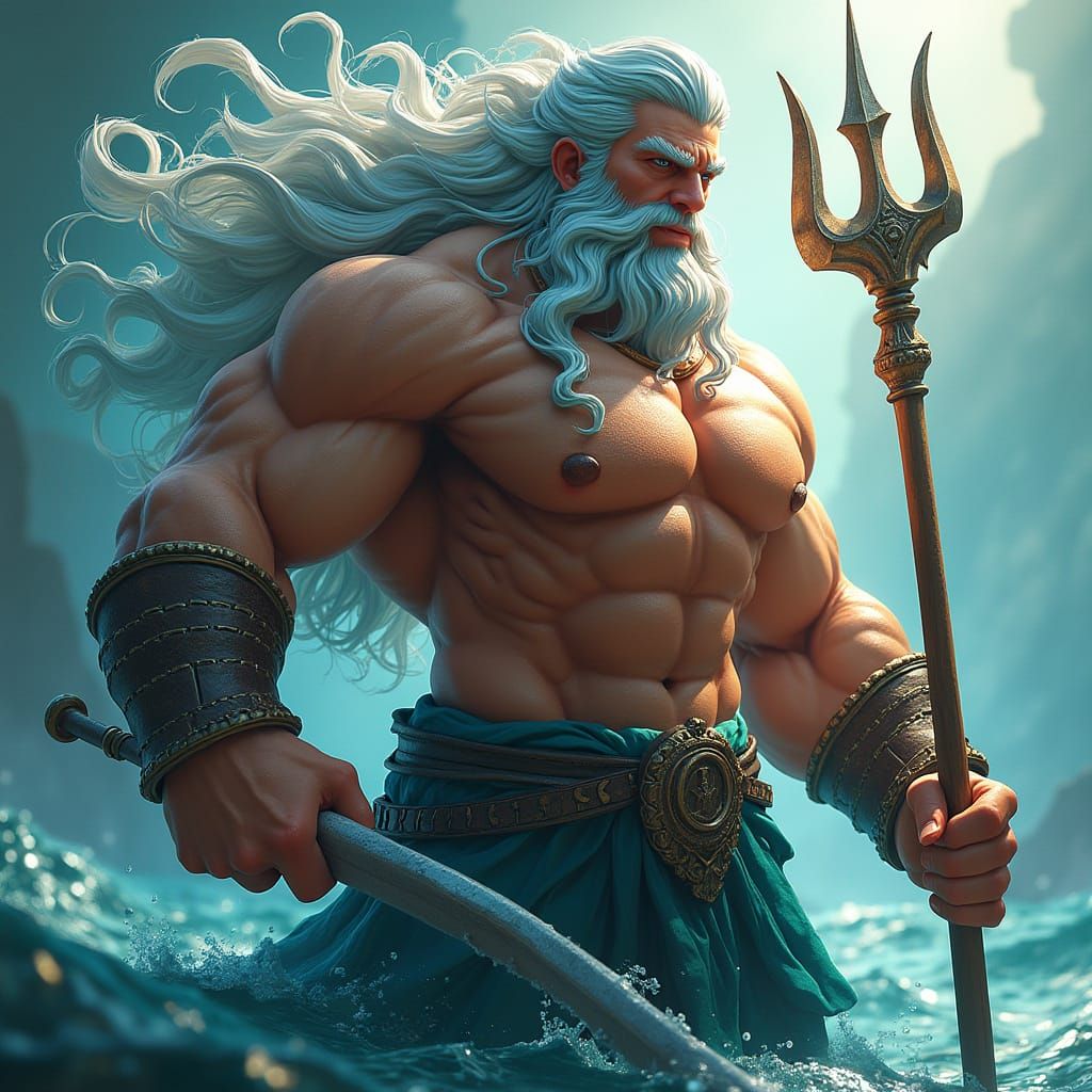 Majestic Poseidon, Greek God of the Sea, in Triadic Colors