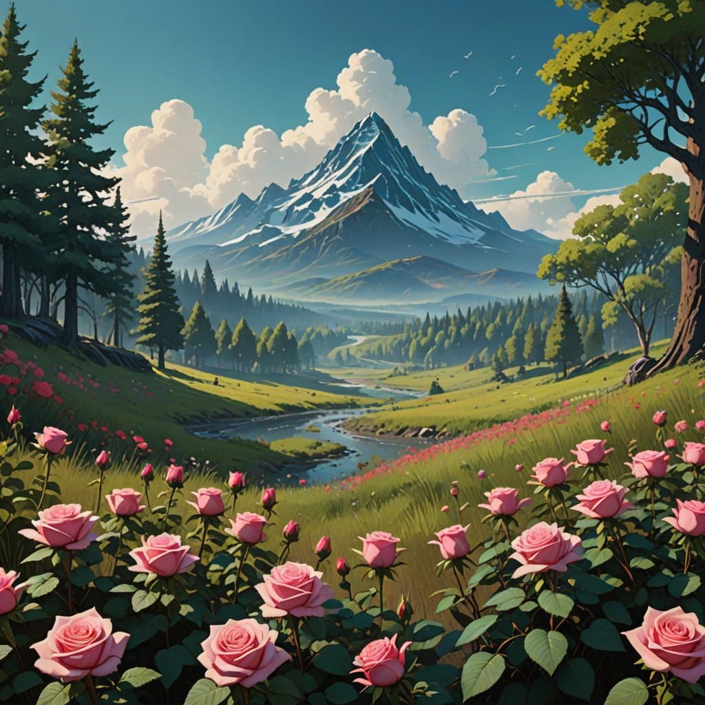 Roses Bloom in a Sunny Serene Valley Landscape