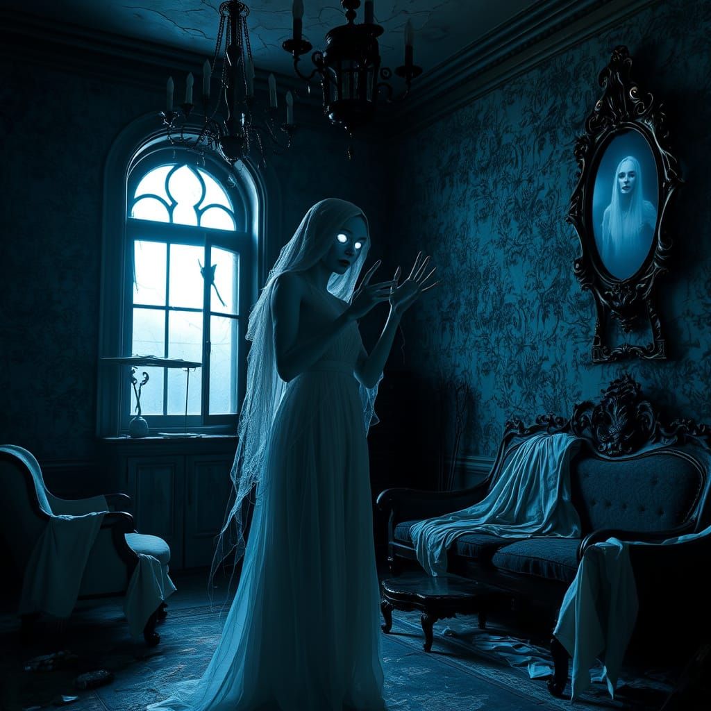 Ethereal Ghost in Tattered White Gown, Beckoning from the Sh...