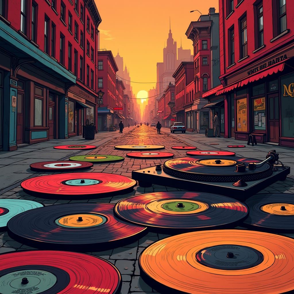 Vibrant Urban Vinyl Records Scene in Warm Red Hues