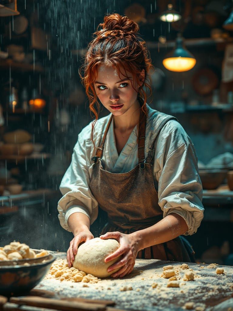 Redhead Baker in Cyberpunk Kitchen, Hokusai Inspired