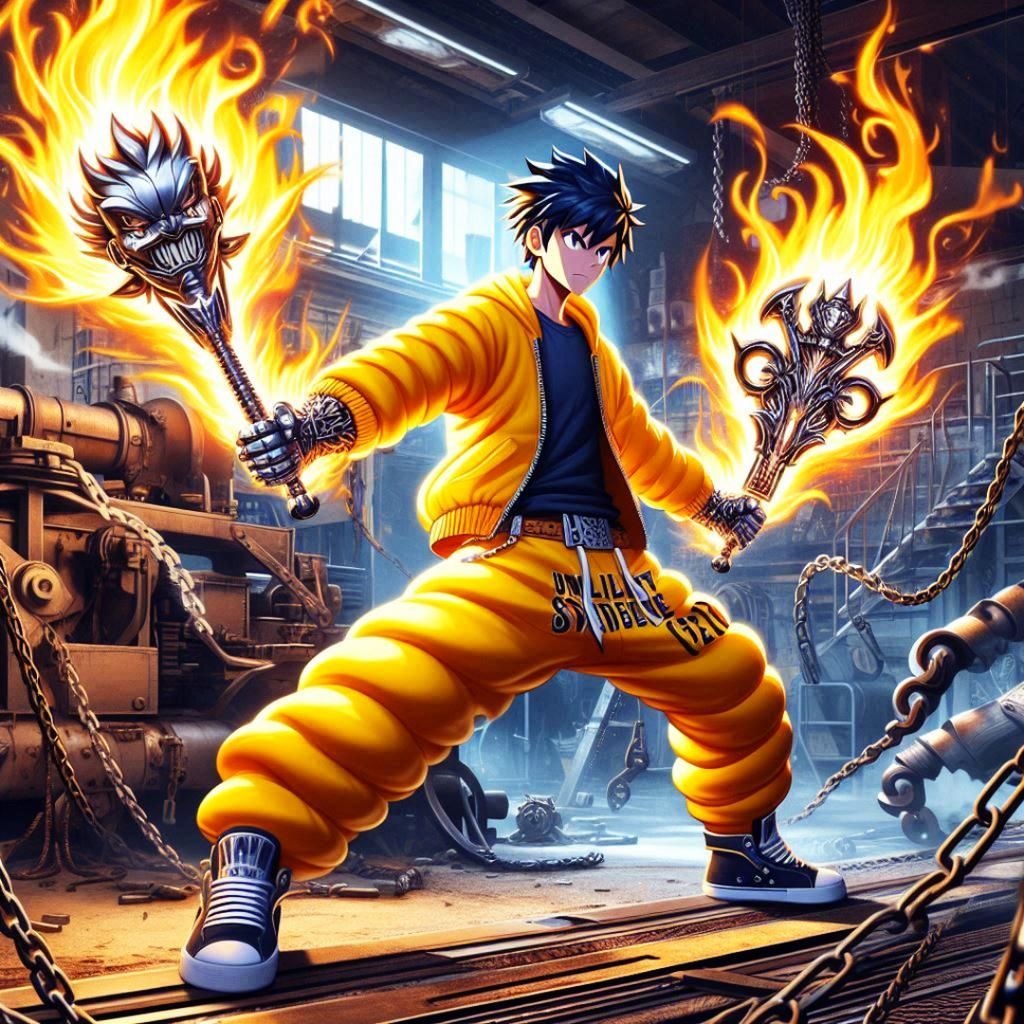 Anime Warrior Ready for Battle with Flame Swords