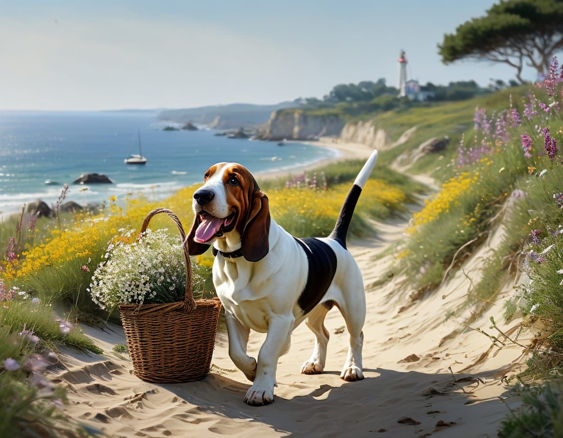 Basset Hound with Wild Flowers by the Beach in Watercolor St...