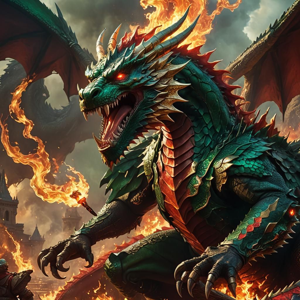 Warrior on Red Dragon: Fantasy Art in Emerald and Gold