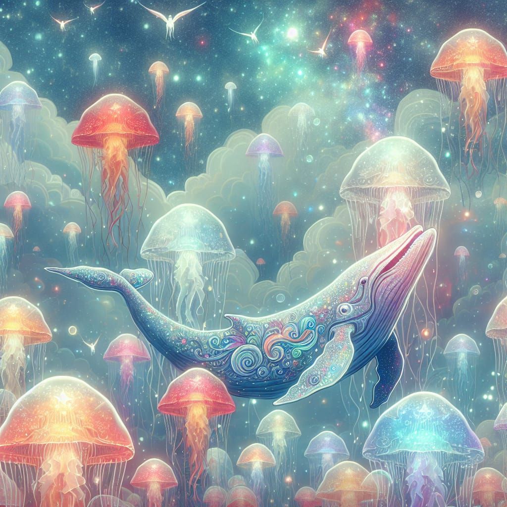 Luminescent Jellyfish Lift Tattooed Whale in Dreamscape