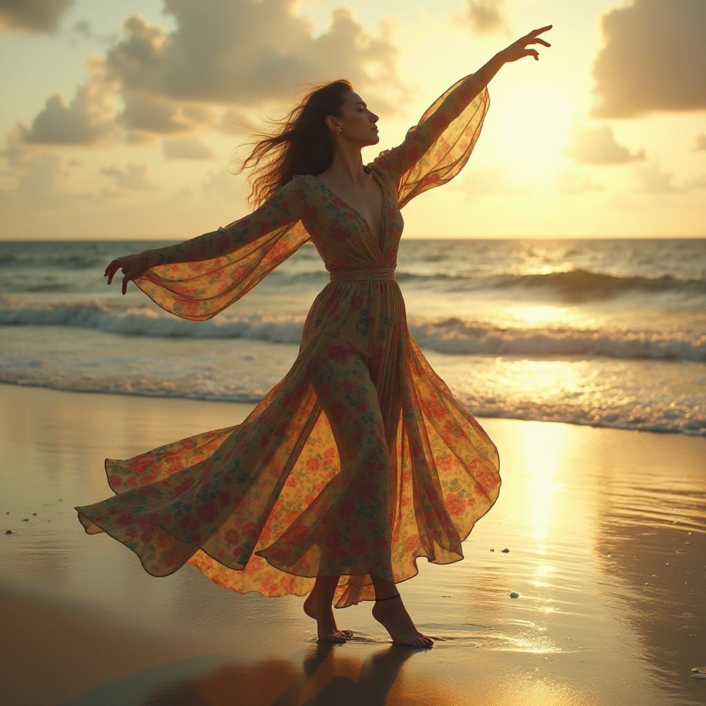 Woman Dancing on Beach in Hyperrealistic Art Nouveau Style