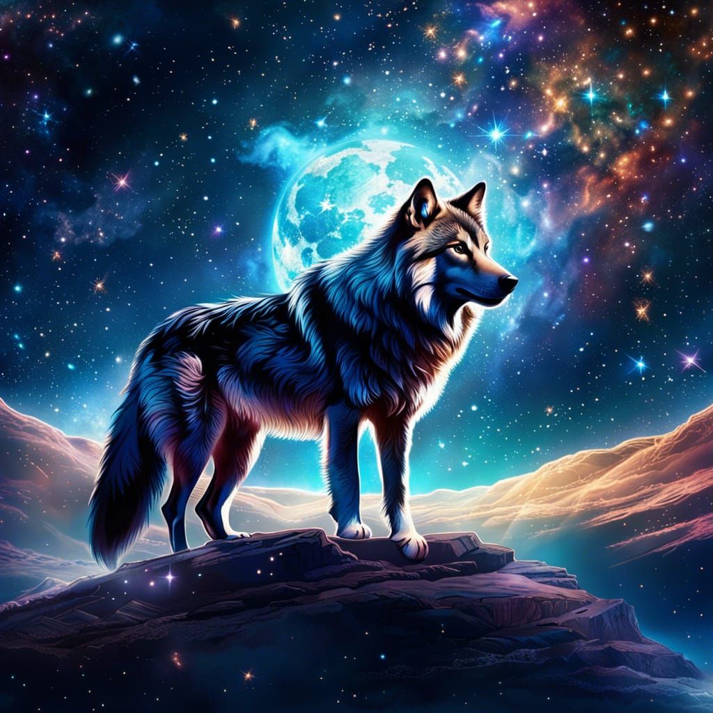 Celestial Wolf Made of Stars on Nebula Background