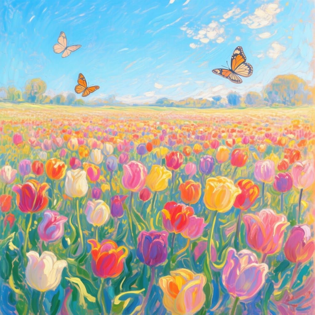 Vibrant Tulip Field with Butterflies in Impressionist Style