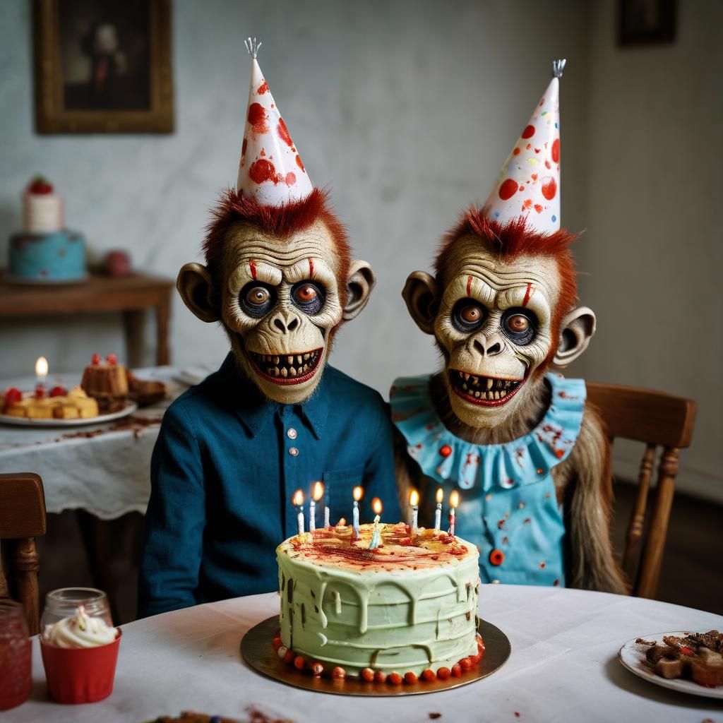 Zombie Monkey Clowns Celebrate with Birthday Cake