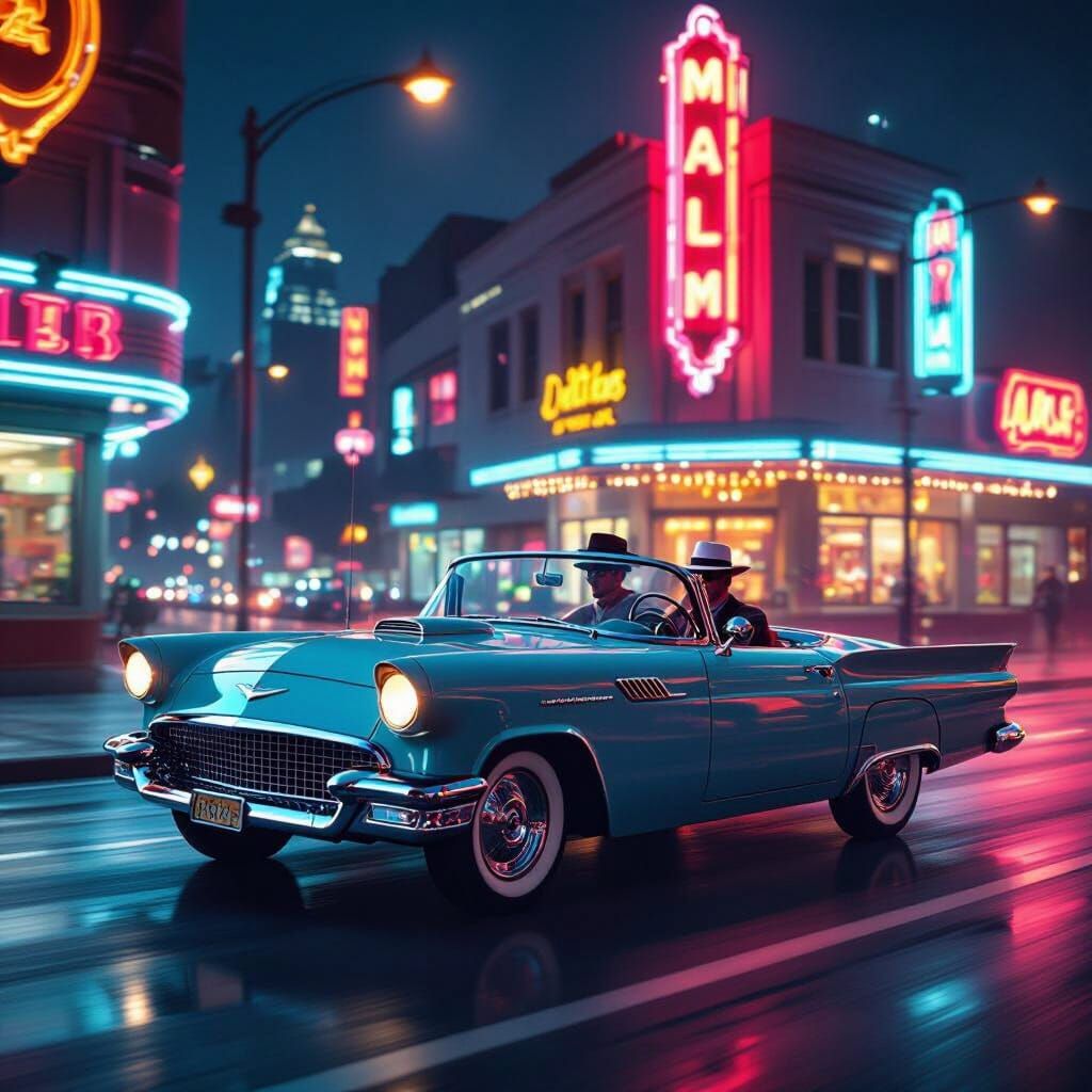 Vintage Convertible in Retro City at Night