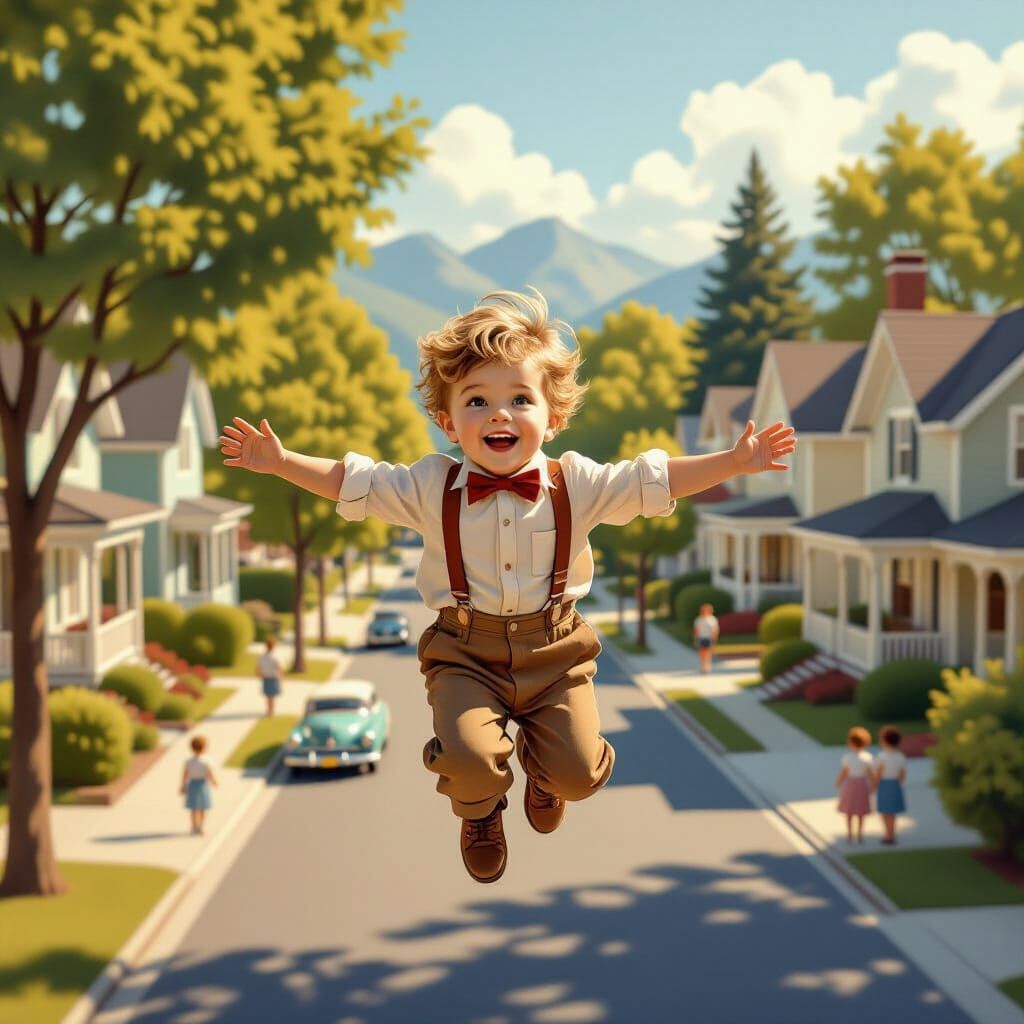 Boy Flies Over 1950s Suburb in Rockwell Style