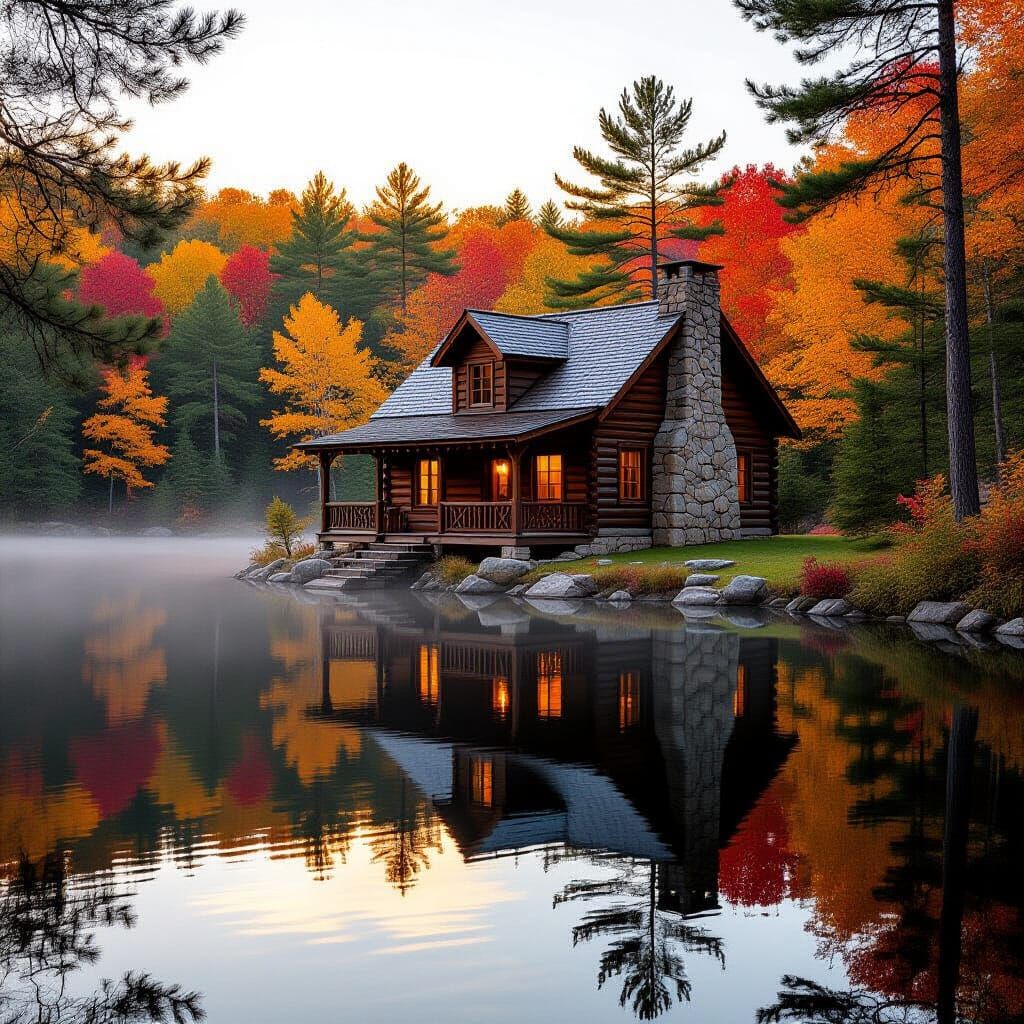 Rustic Log Cabin by Mirror Lake in Autumn
